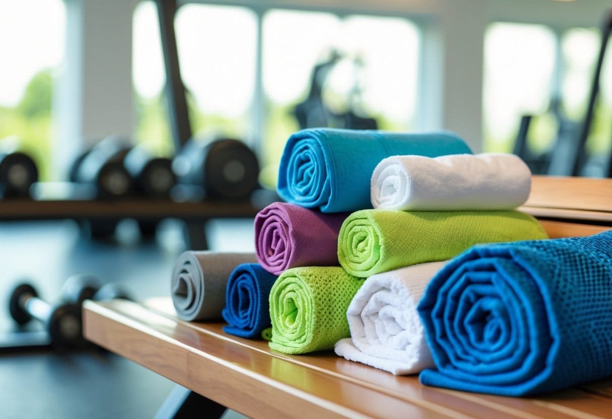 A variety of gym towels arranged on a bench in a gym with workout equipment in the background.