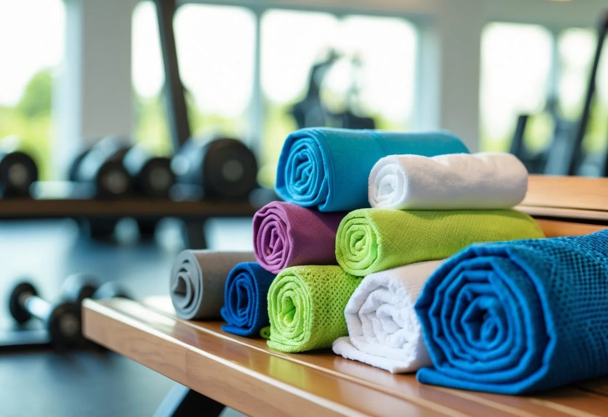 A variety of gym towels arranged on a bench in a gym with workout equipment in the background.