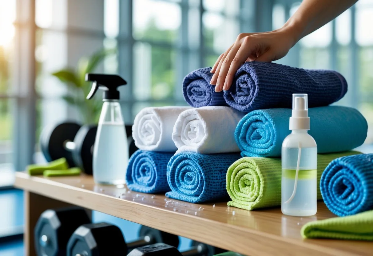 A variety of gym towels displayed on a wooden shelf near gym equipment in a clean fitness setting.