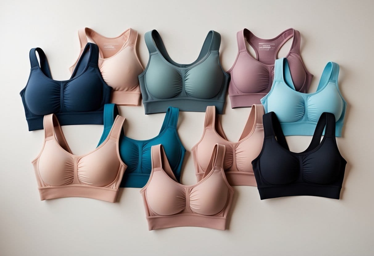 A variety of compression sports bras displayed on mannequins and flat lay against a neutral background.