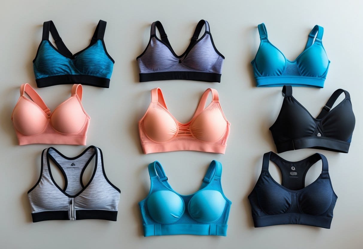 A variety of women's encapsulation sports bras arranged on a neutral background, showing different styles and designs.