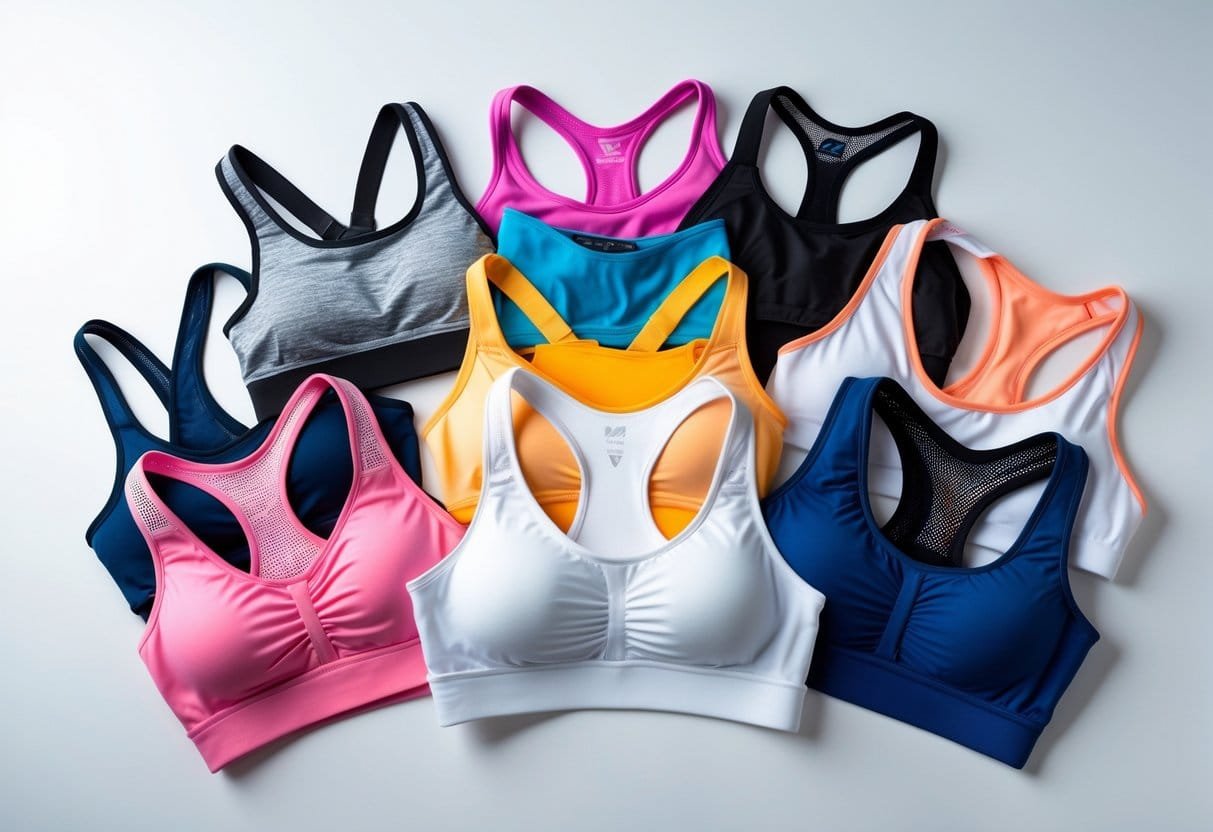 A collection of various types of sports bras displayed on a white background.