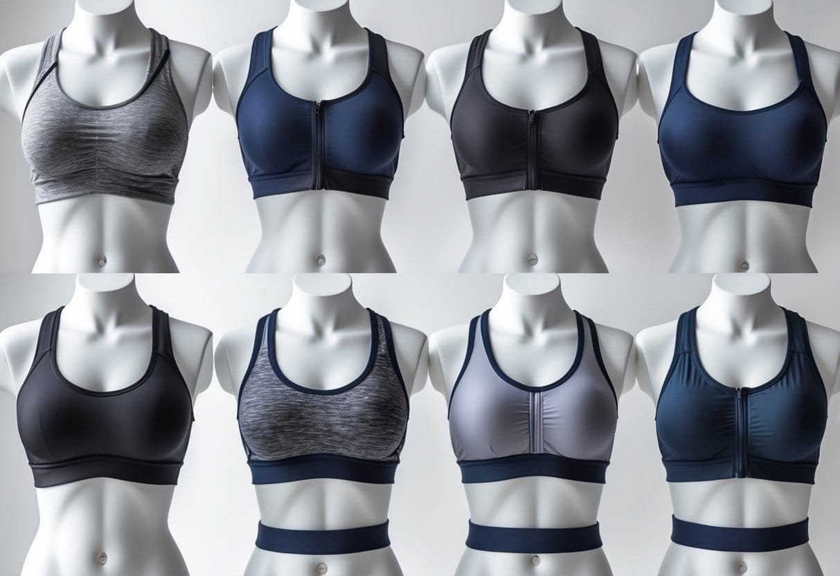 Various medium impact sports bras displayed on mannequins and hangers against a neutral background.