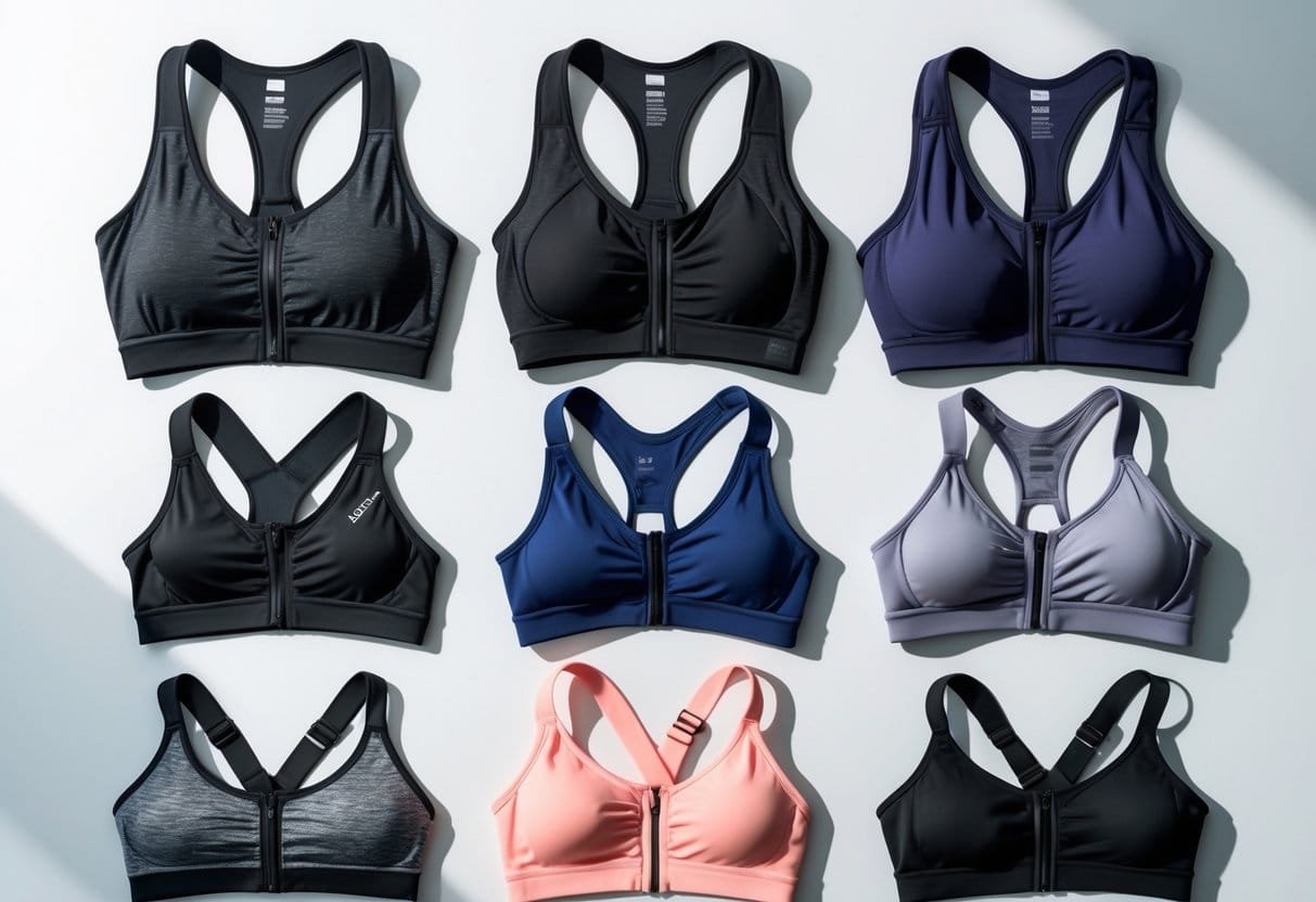 A collection of different adjustable sports bras arranged on a white background, showing various styles and strap designs.