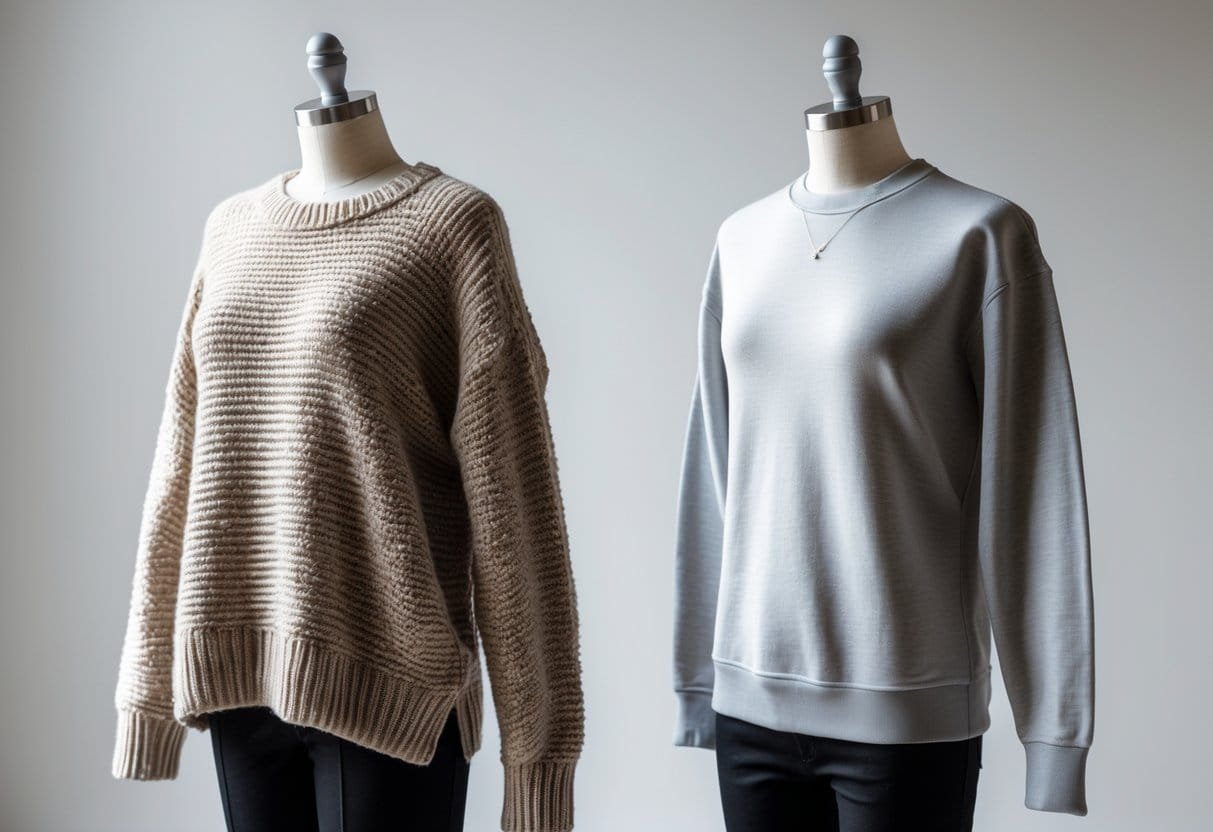 Two mannequins side by side wearing a knitted sweater and a cotton sweatshirt against a plain background.