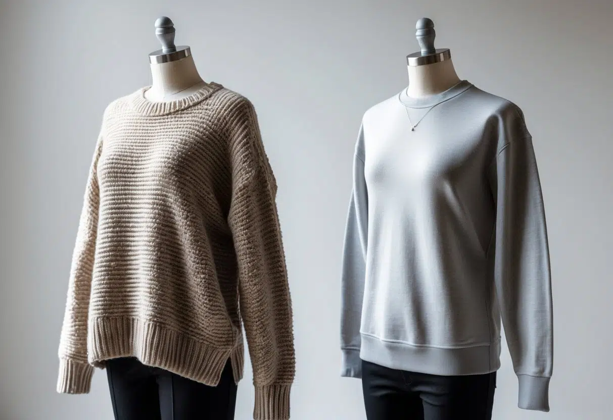 Two mannequins side by side wearing a knitted sweater and a cotton sweatshirt against a plain background.
