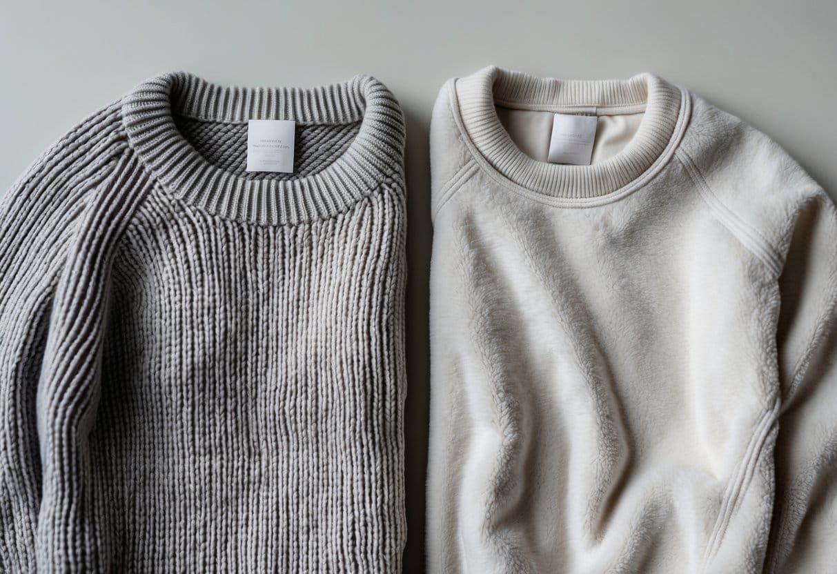 Two folded garments side by side on a neutral surface, one knitted sweater and one woven cotton fleece sweatshirt.