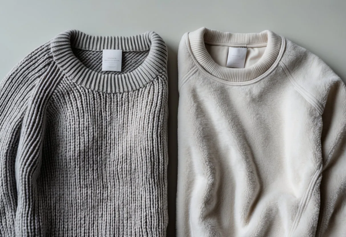 Two folded garments side by side on a neutral surface, one knitted sweater and one woven cotton fleece sweatshirt.