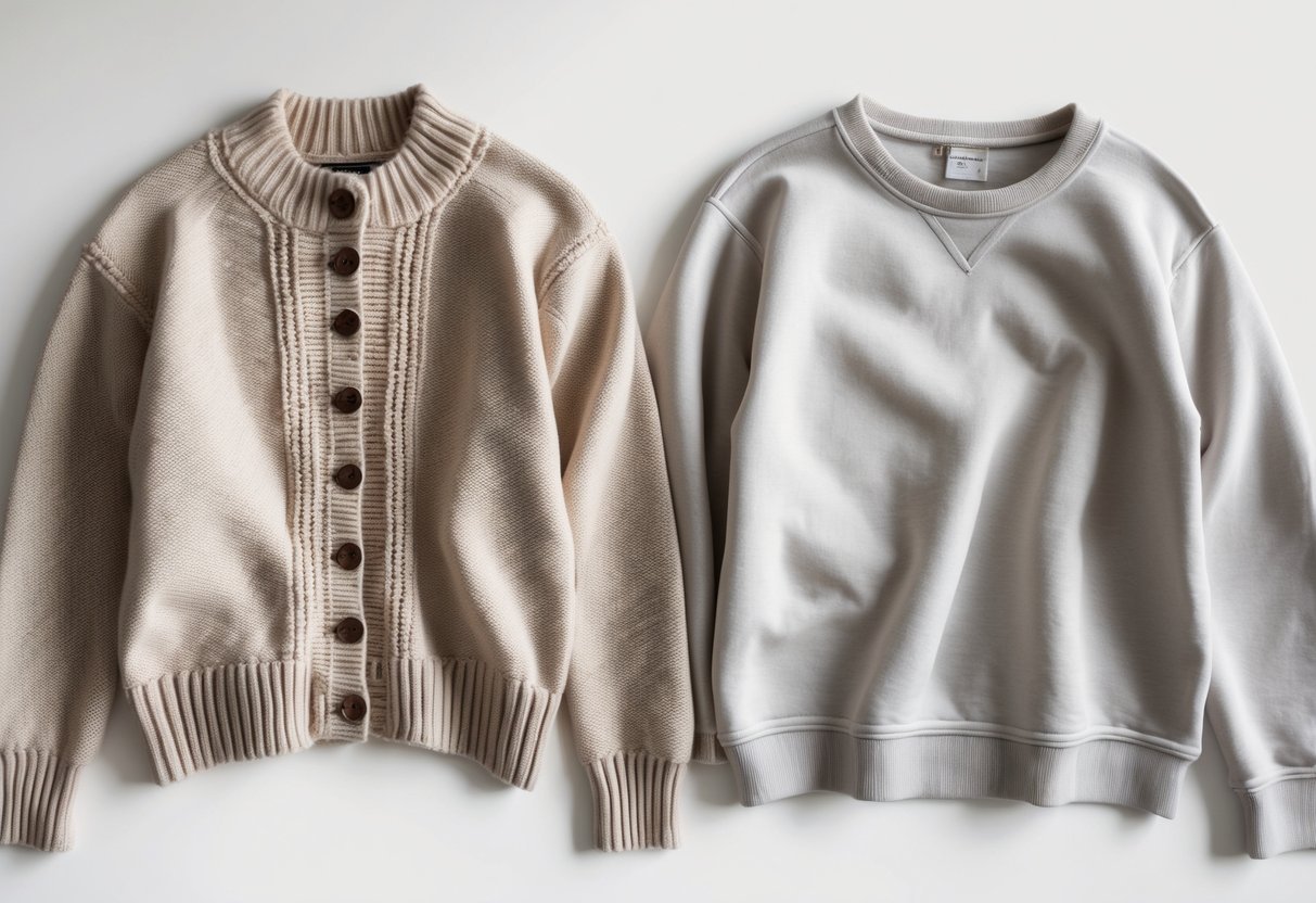 Flat lay image showing a knitted sweater with buttons next to a pullover sweatshirt on a white background.