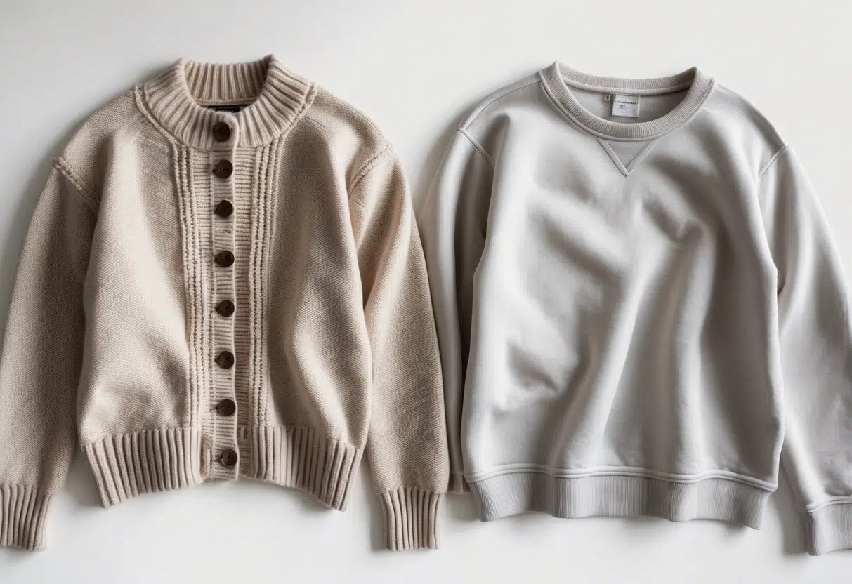 Flat lay image showing a knitted sweater with buttons next to a pullover sweatshirt on a white background.