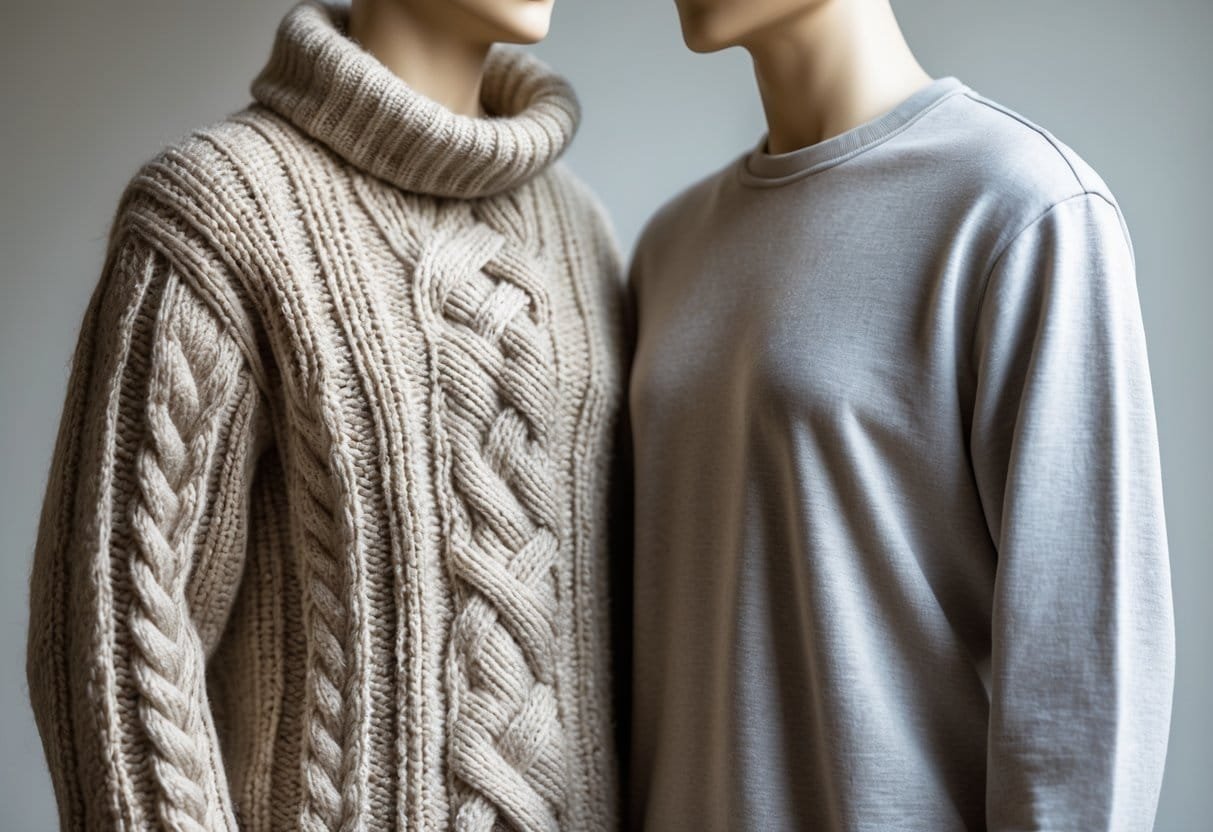 Two mannequins side by side, one wearing a thick knitted sweater and the other a casual sweatshirt.
