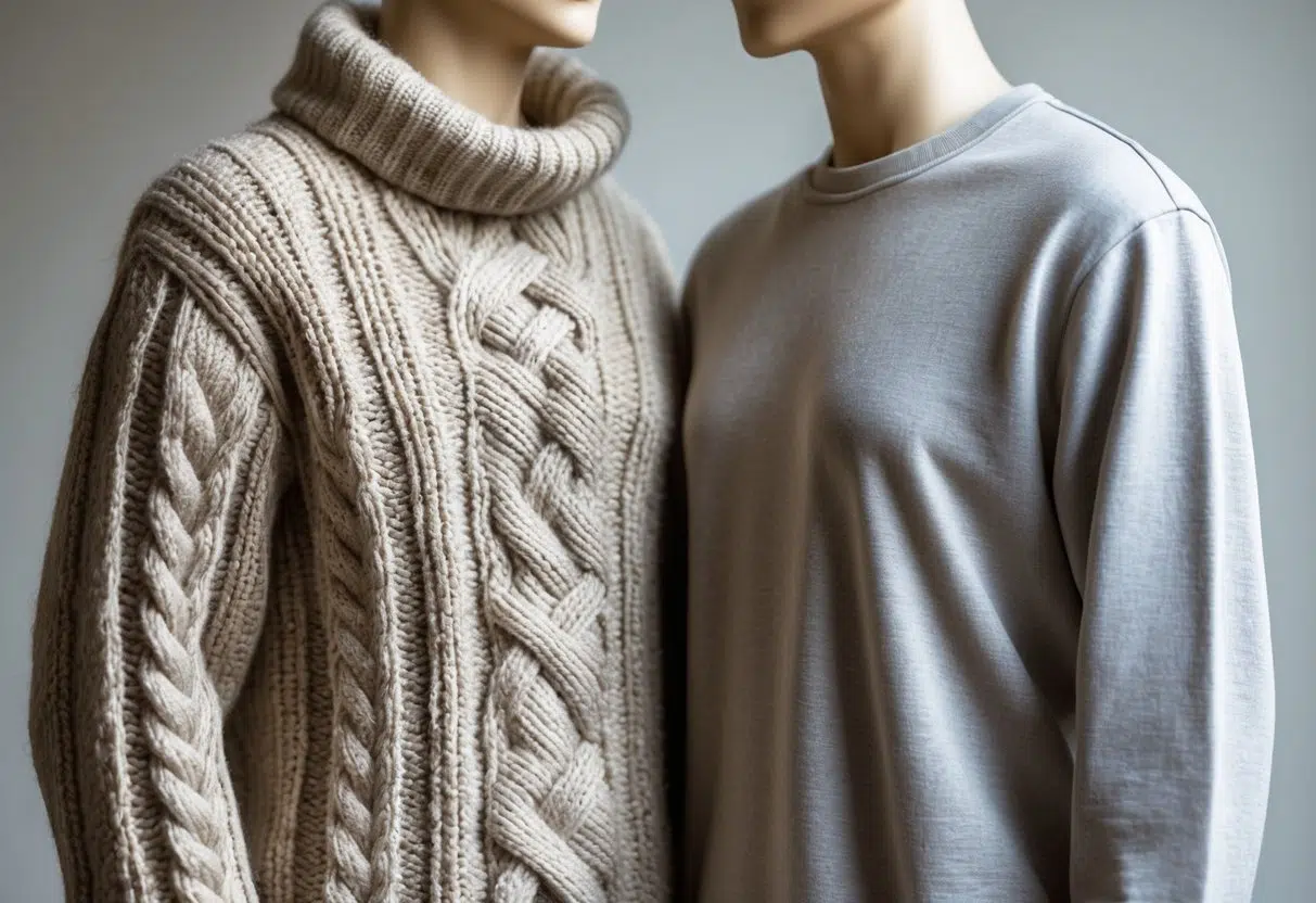 Two mannequins side by side, one wearing a thick knitted sweater and the other a casual sweatshirt.