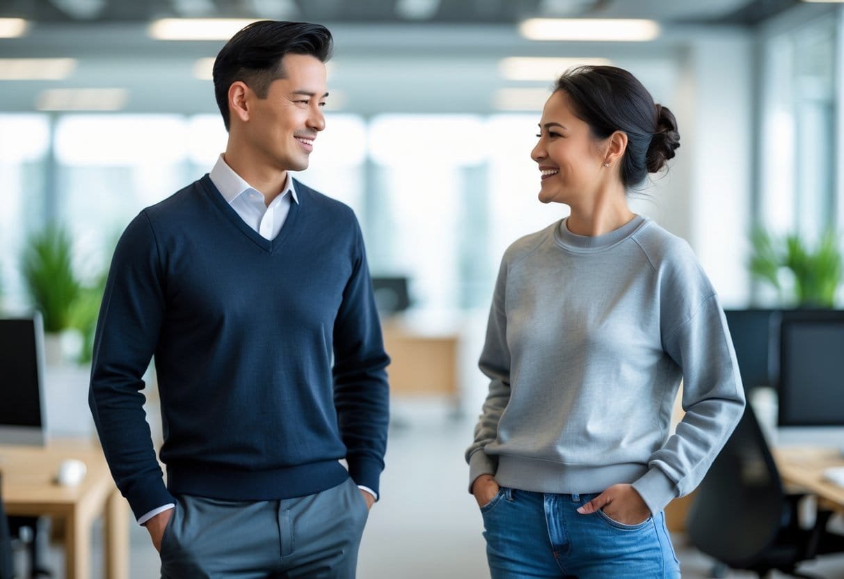 Two adults standing side by side in an office, one wearing a sweater and the other a sweatshirt, smiling and talking.