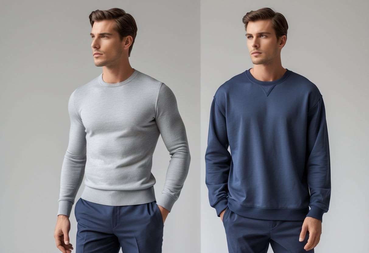 Two men standing side by side wearing different tops; one in a fitted sweater and the other in a loose sweatshirt.