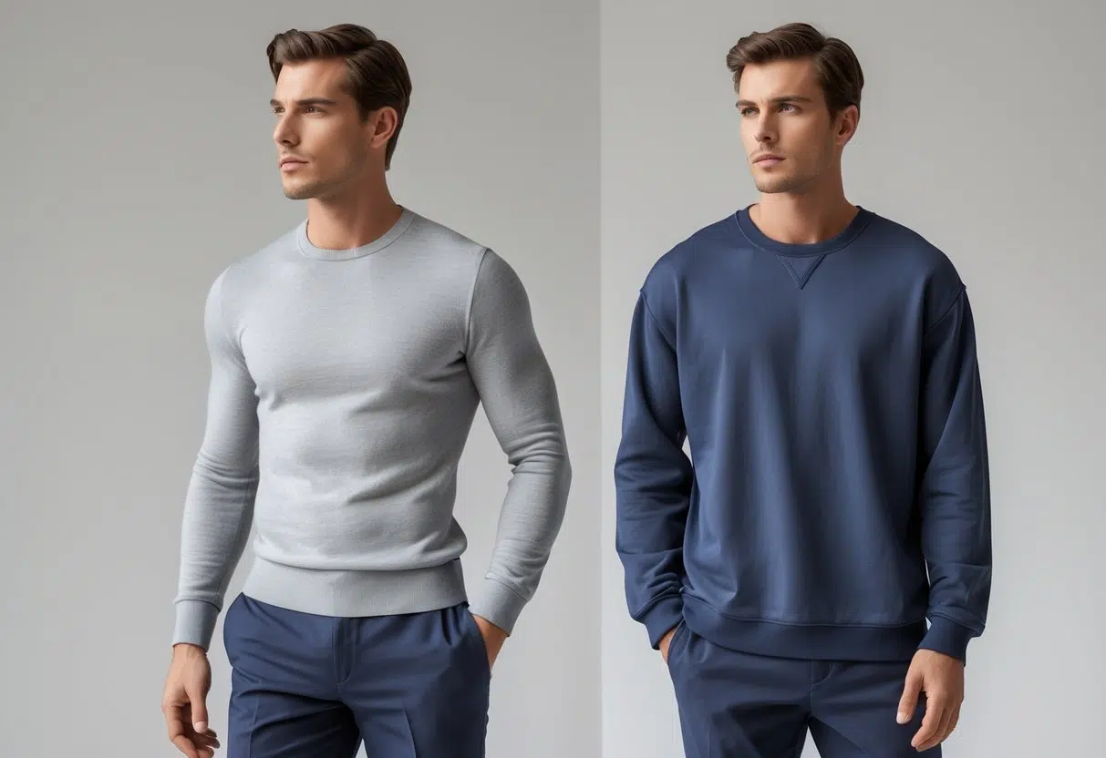 Two men standing side by side wearing different tops; one in a fitted sweater and the other in a loose sweatshirt.
