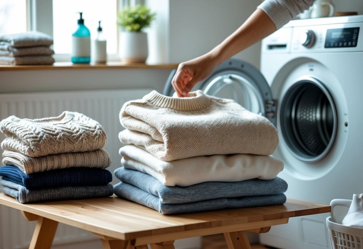 A laundry scene with folded sweaters and sweatshirts on a table next to an open washing machine with a hand placing a sweatshirt inside.