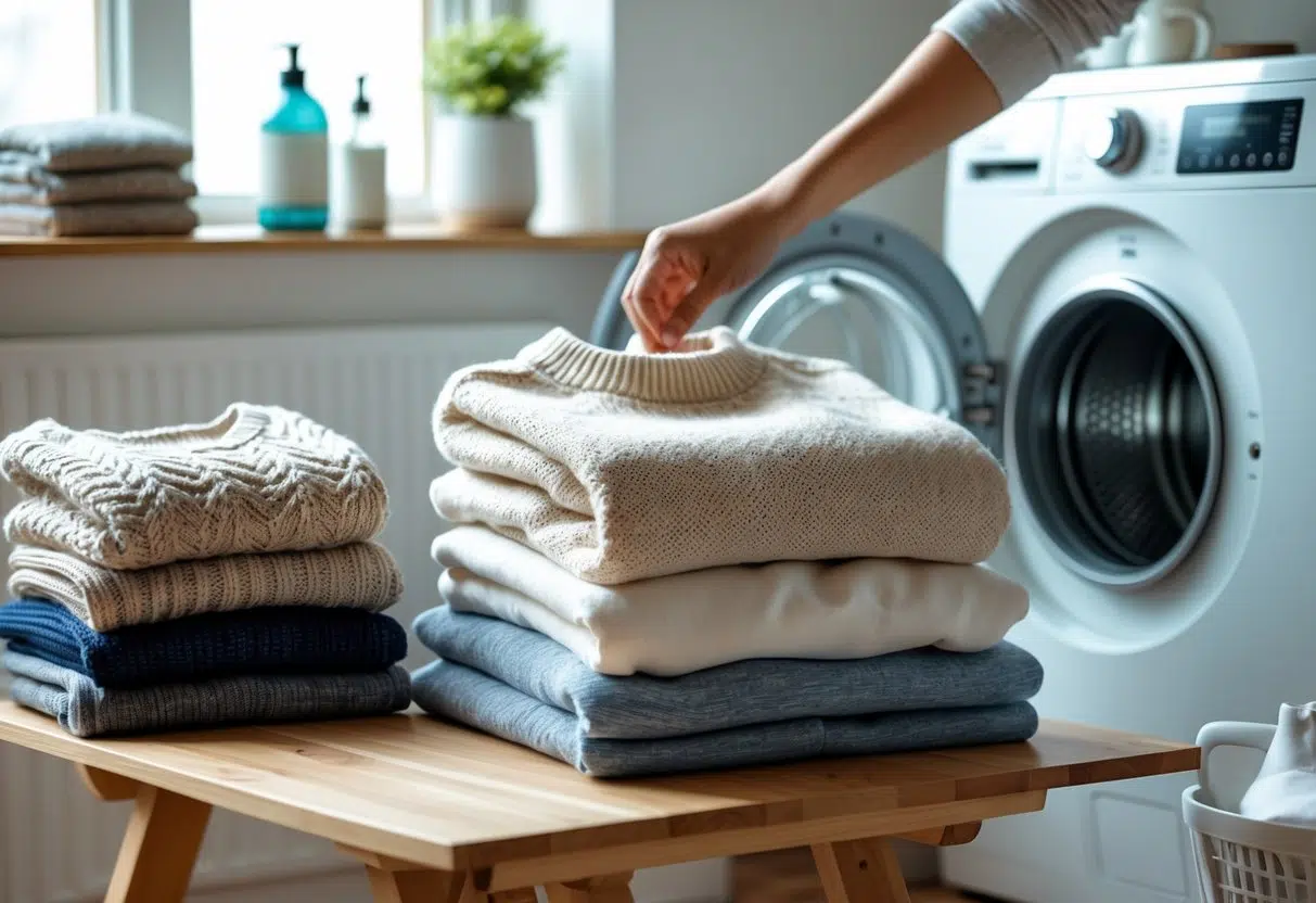 A laundry scene with folded sweaters and sweatshirts on a table next to an open washing machine with a hand placing a sweatshirt inside.