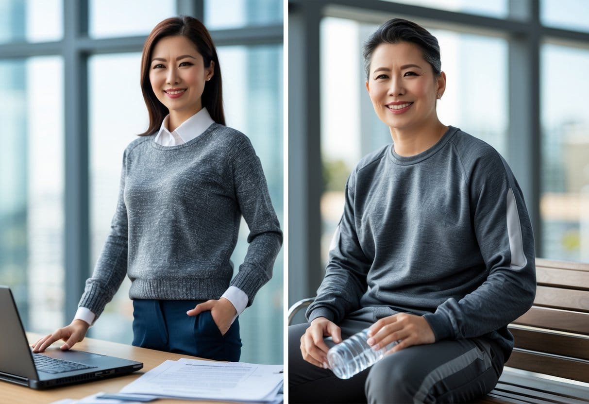 Two adults in different outfits; one in a sweater in an office setting, the other in a sweatshirt in a casual or sports environment.