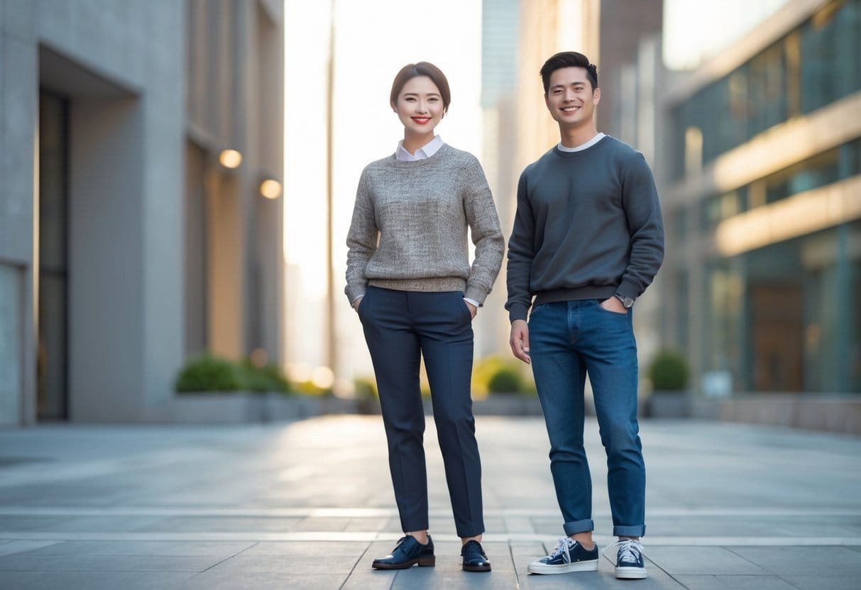 Two people standing side by side outdoors, one wearing a sweater with dress pants and the other wearing a sweatshirt with jeans.