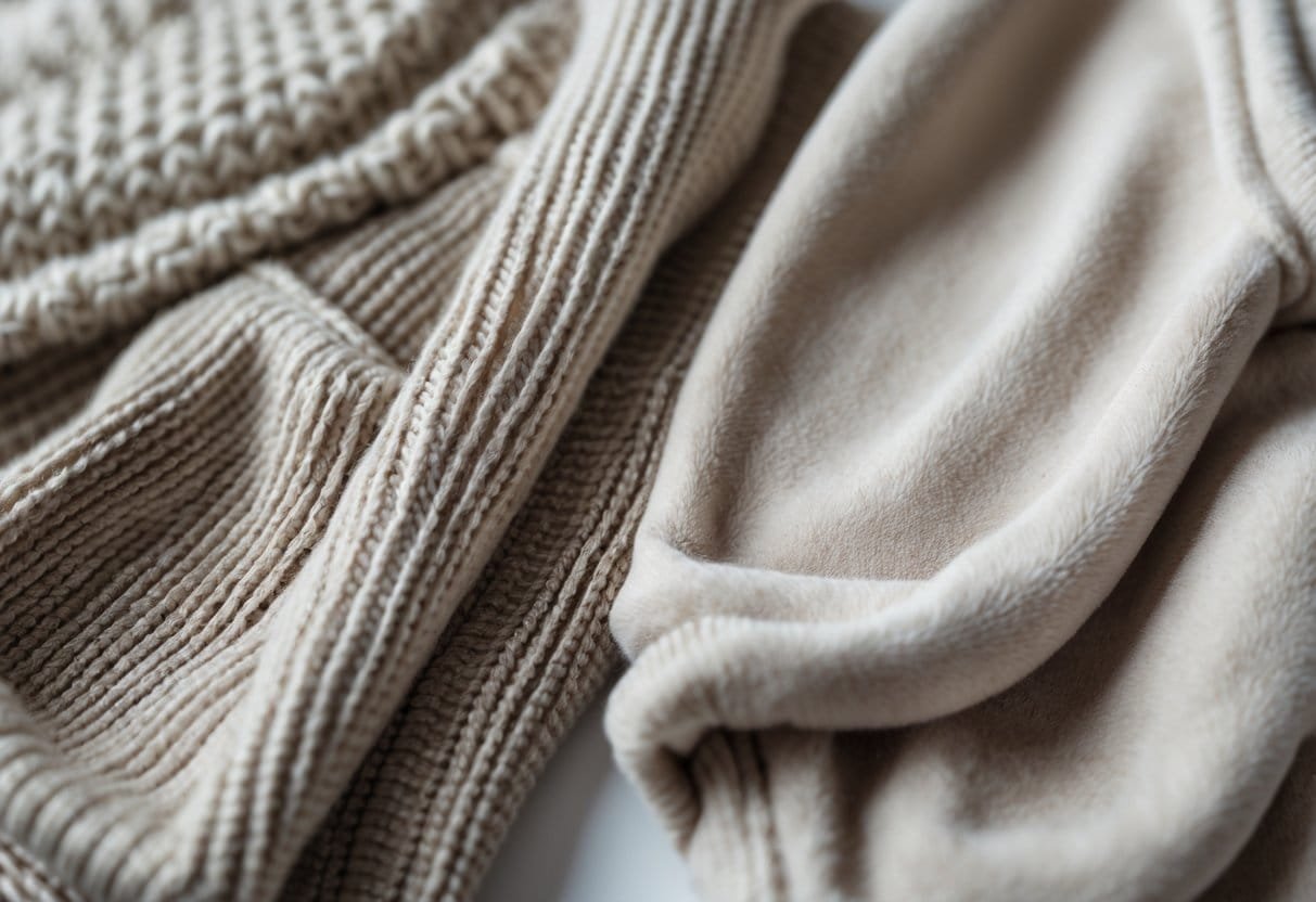 Close-up view of a sweater with textured knit fabric next to a sweatshirt made of smooth fleece material.
