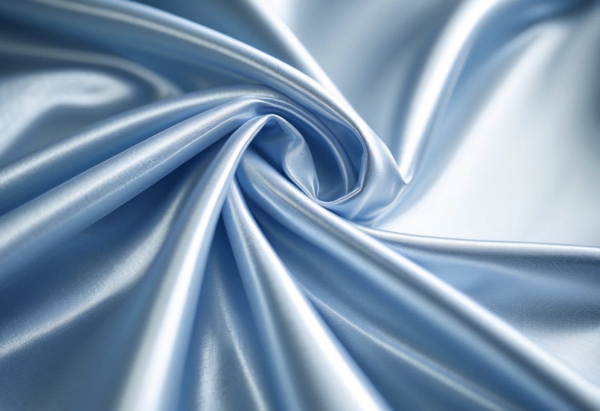 Close-up of smooth, shiny nylon fabric with gentle folds showing its texture and sheen.