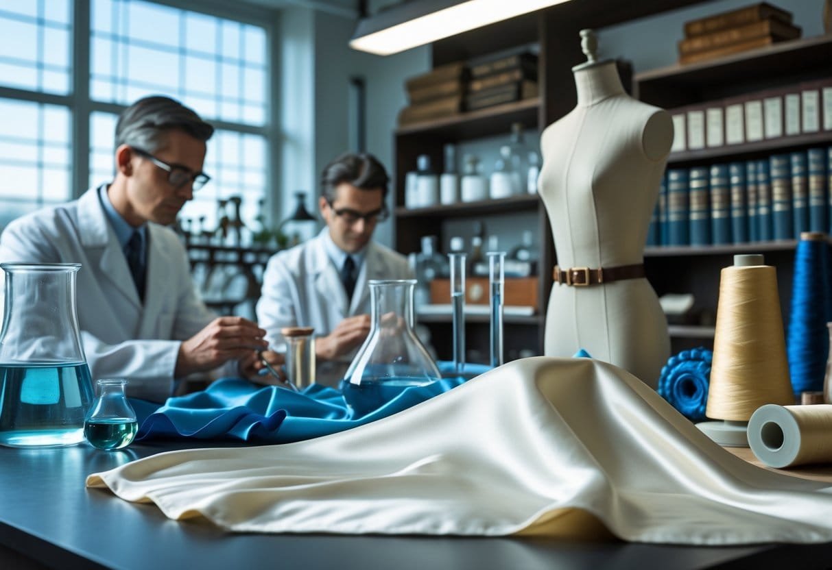 Scientists in a vintage laboratory examining nylon fabric samples with spools of nylon thread and early stockings displayed nearby.