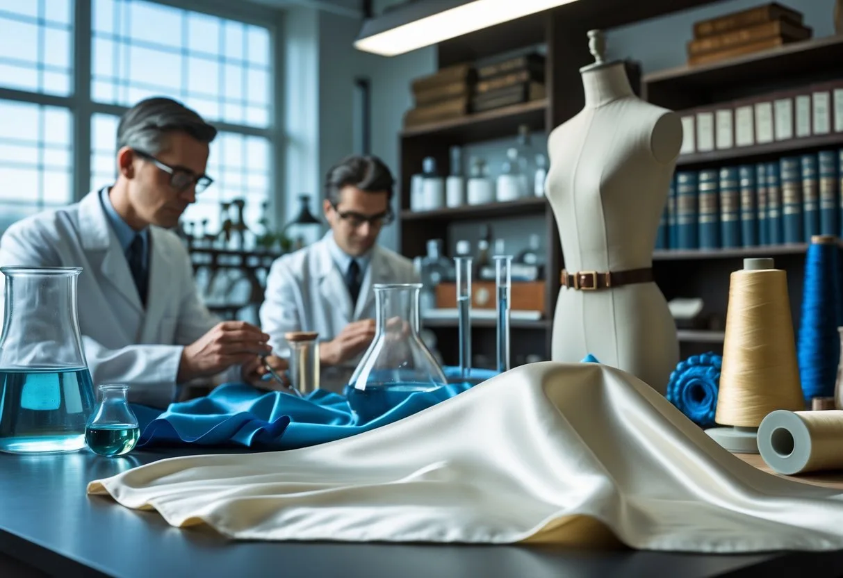 Scientists in a vintage laboratory examining nylon fabric samples with spools of nylon thread and early stockings displayed nearby.