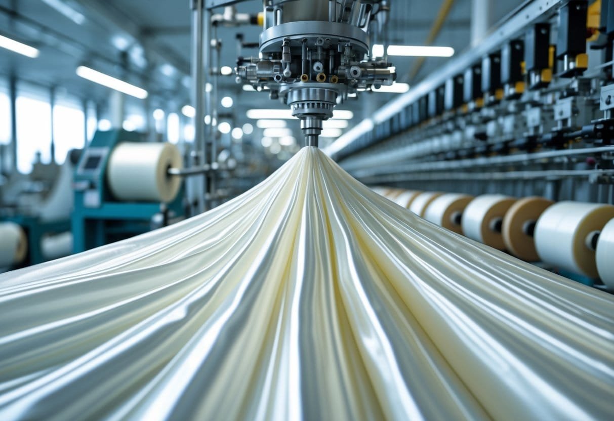 Close-up of nylon fibers being produced in a textile factory with machines and spools of nylon thread in the background.