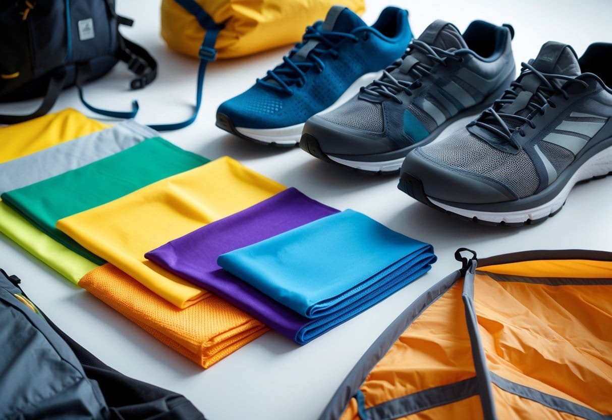 Close-up of various nylon fabric samples alongside a backpack, running shoes, a windbreaker jacket, and a camping tent on a white surface.