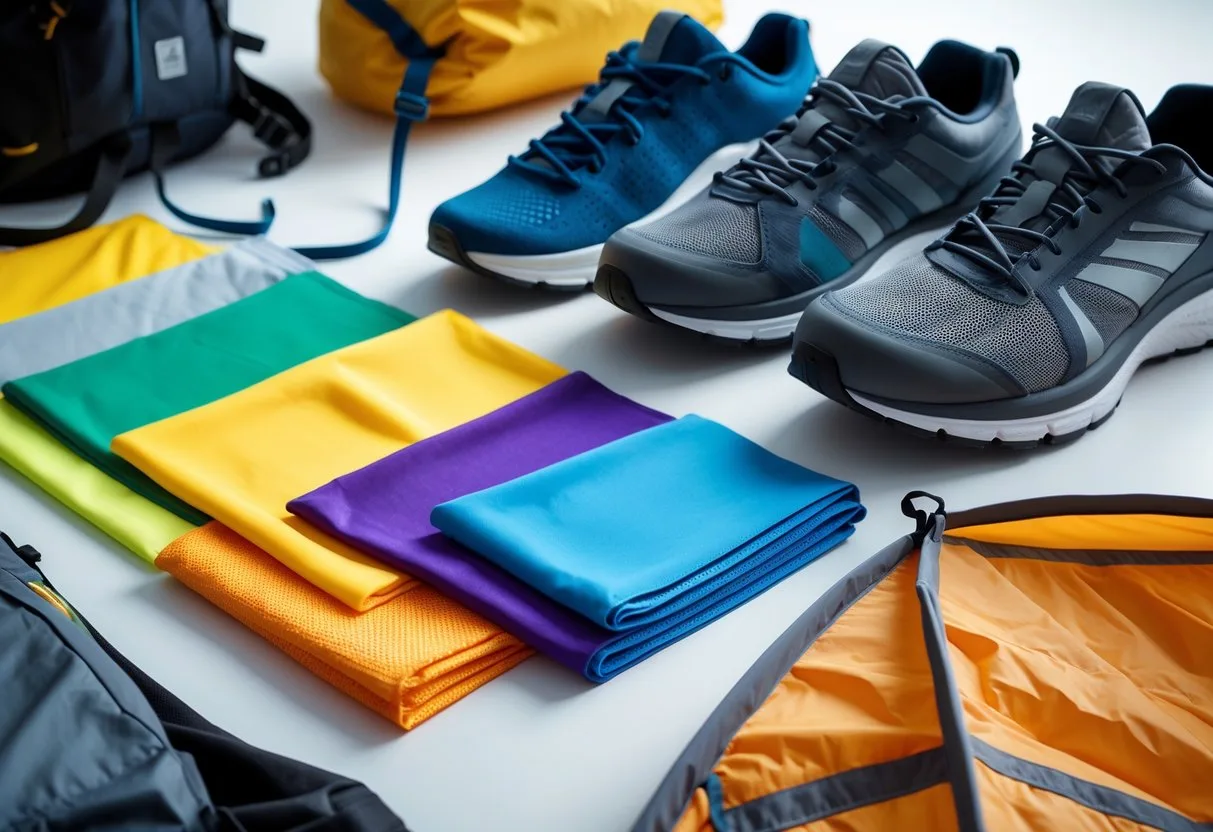 Close-up of various nylon fabric samples alongside a backpack, running shoes, a windbreaker jacket, and a camping tent on a white surface.