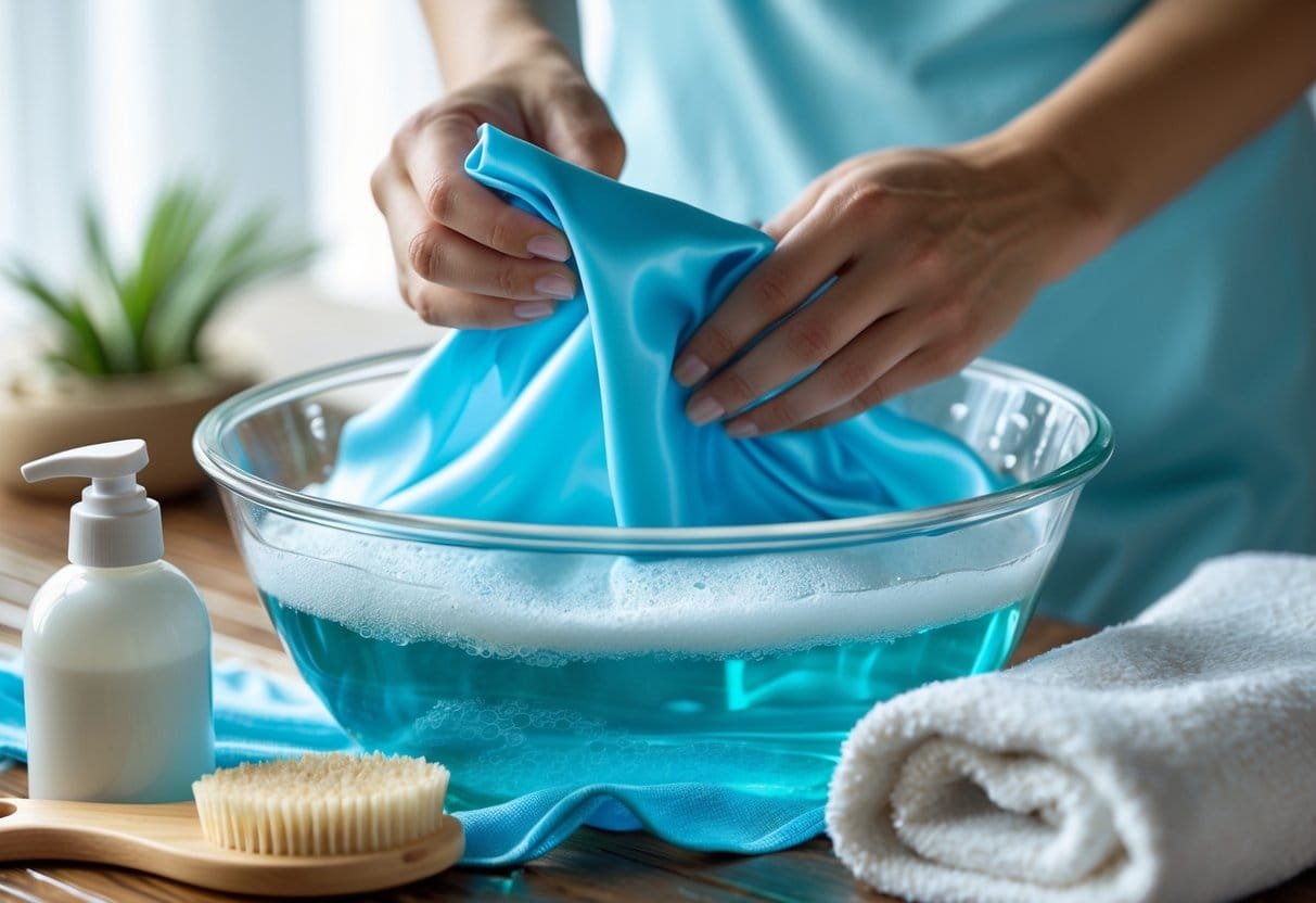 Hands washing a piece of nylon fabric in a basin with soap suds, with cleaning items on a nearby surface.