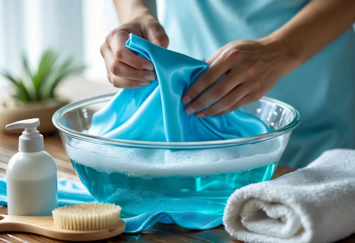 Hands washing a piece of nylon fabric in a basin with soap suds, with cleaning items on a nearby surface.
