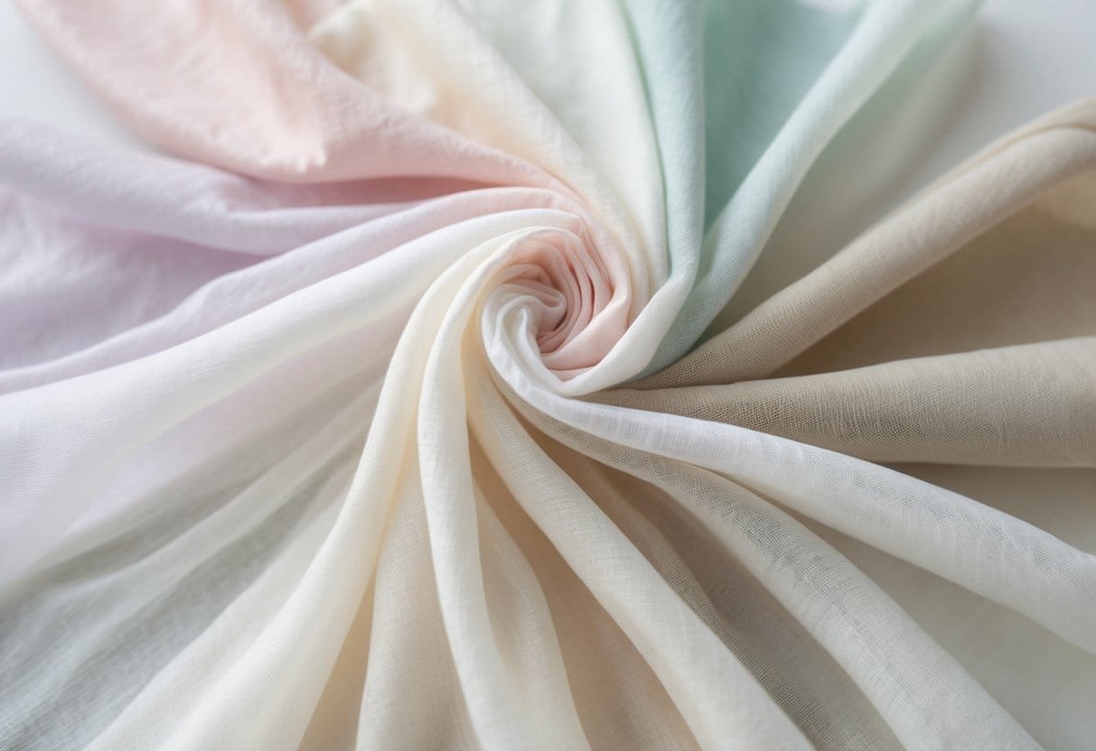 A collection of 29 lightweight cotton voile fabric swatches in soft pastel and neutral colors arranged on a clean surface.