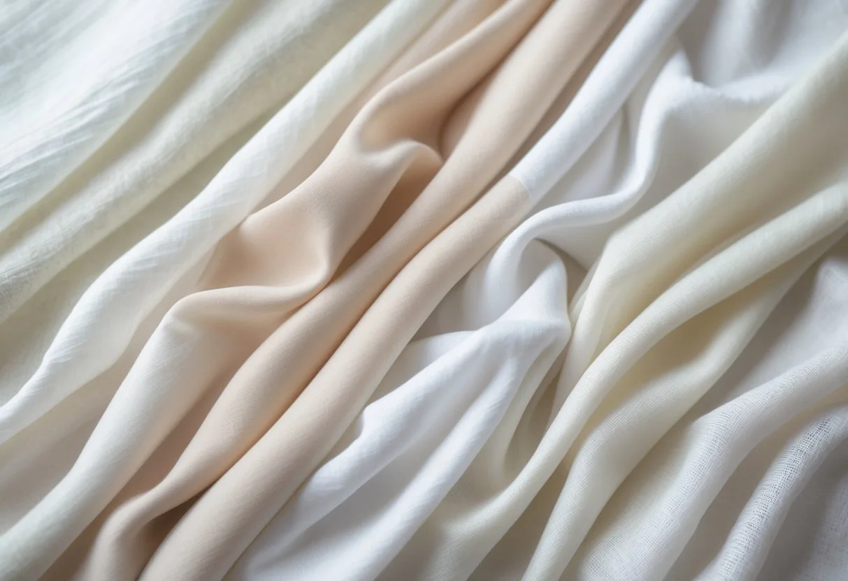 A collection of 29 light-colored rayon fabric samples arranged neatly on a neutral background, showing their soft textures and lightweight qualities.