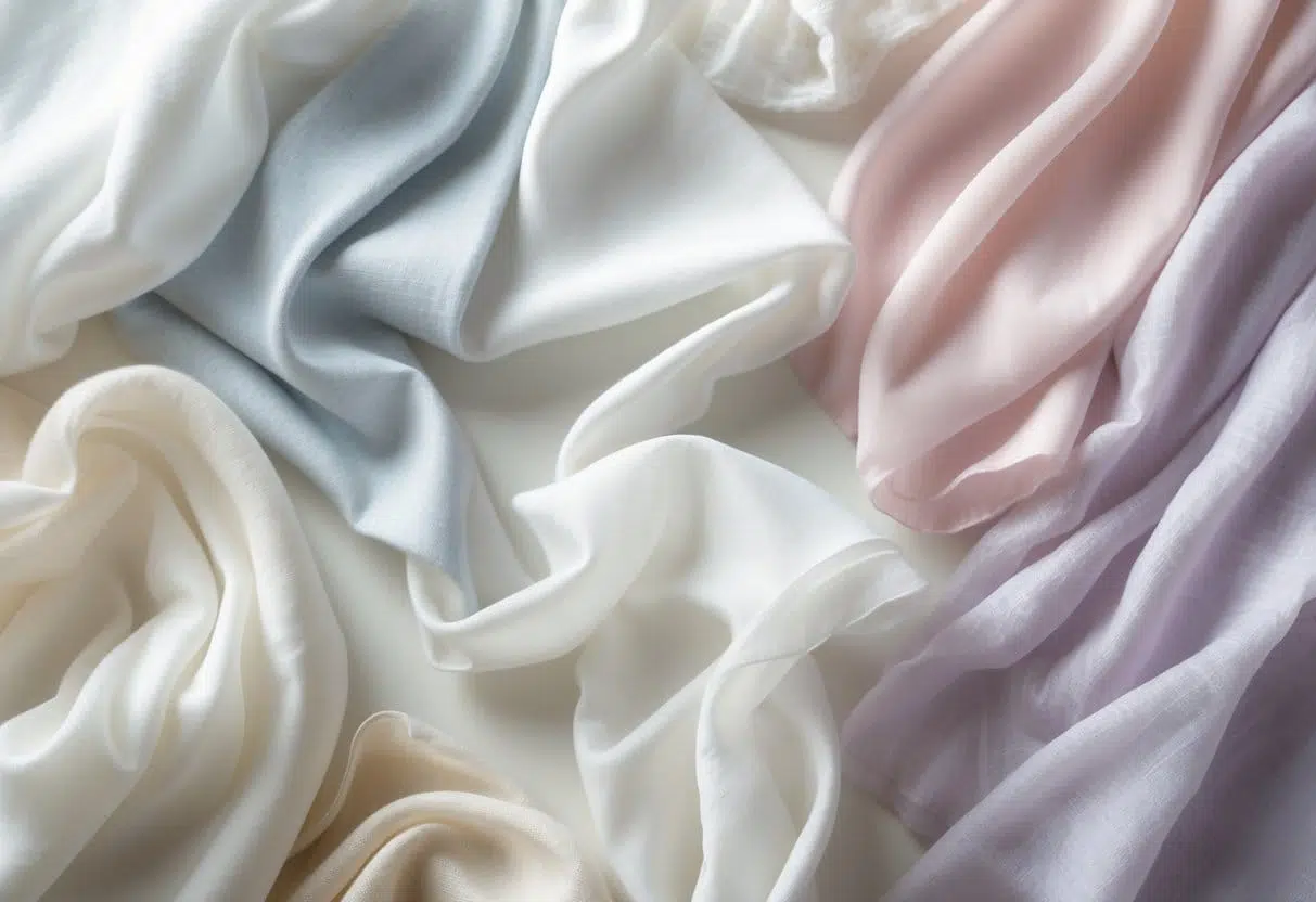 An arrangement of various light fabrics for clothing displayed on a neutral background.