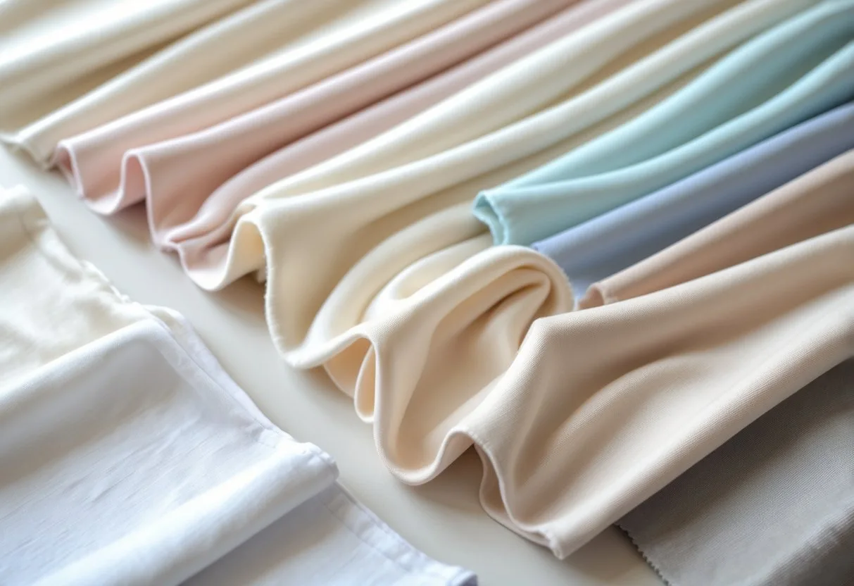A collection of 29 light-colored jersey knit fabric swatches neatly arranged on a neutral background.