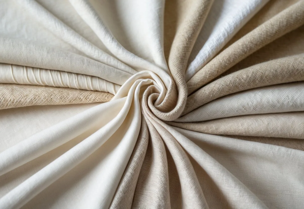 A collection of 29 light-colored hemp fabric swatches arranged neatly on a neutral background.