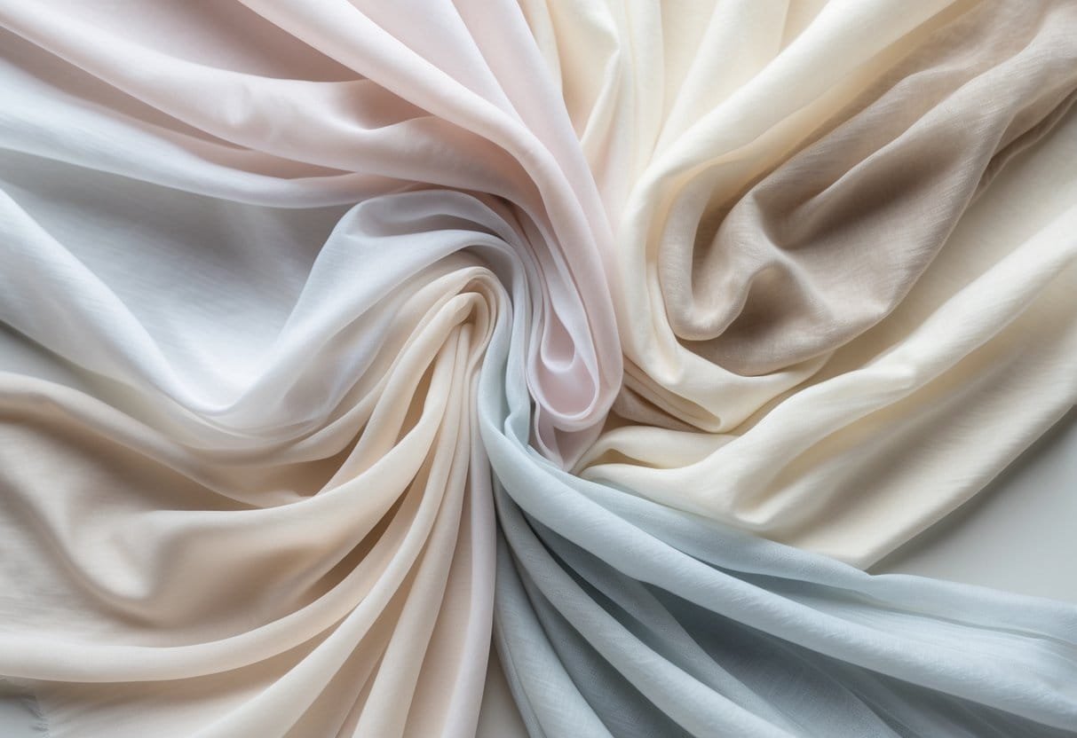 A collection of 29 lightweight, sheer voile fabrics in soft pastel and neutral colors arranged in flowing layers on a neutral background.