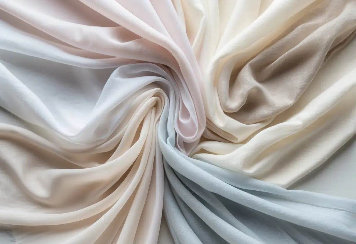 A collection of 29 lightweight, sheer voile fabrics in soft pastel and neutral colors arranged in flowing layers on a neutral background.