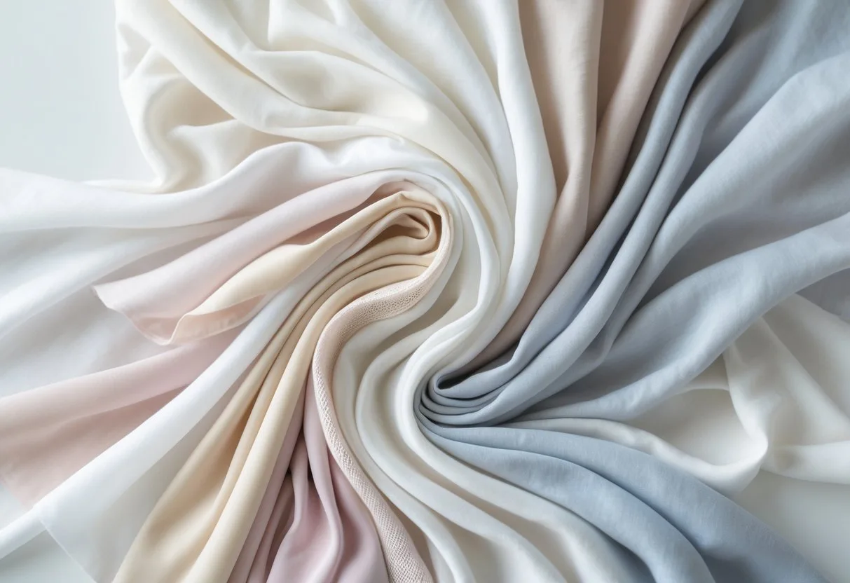 A collection of various light-colored fabrics arranged in soft folds on a white background.