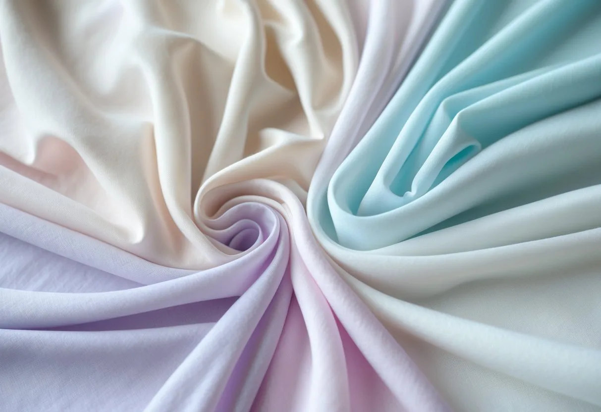 A collection of 29 lightweight polyester microfiber fabric samples in various light colors arranged on a neutral background.