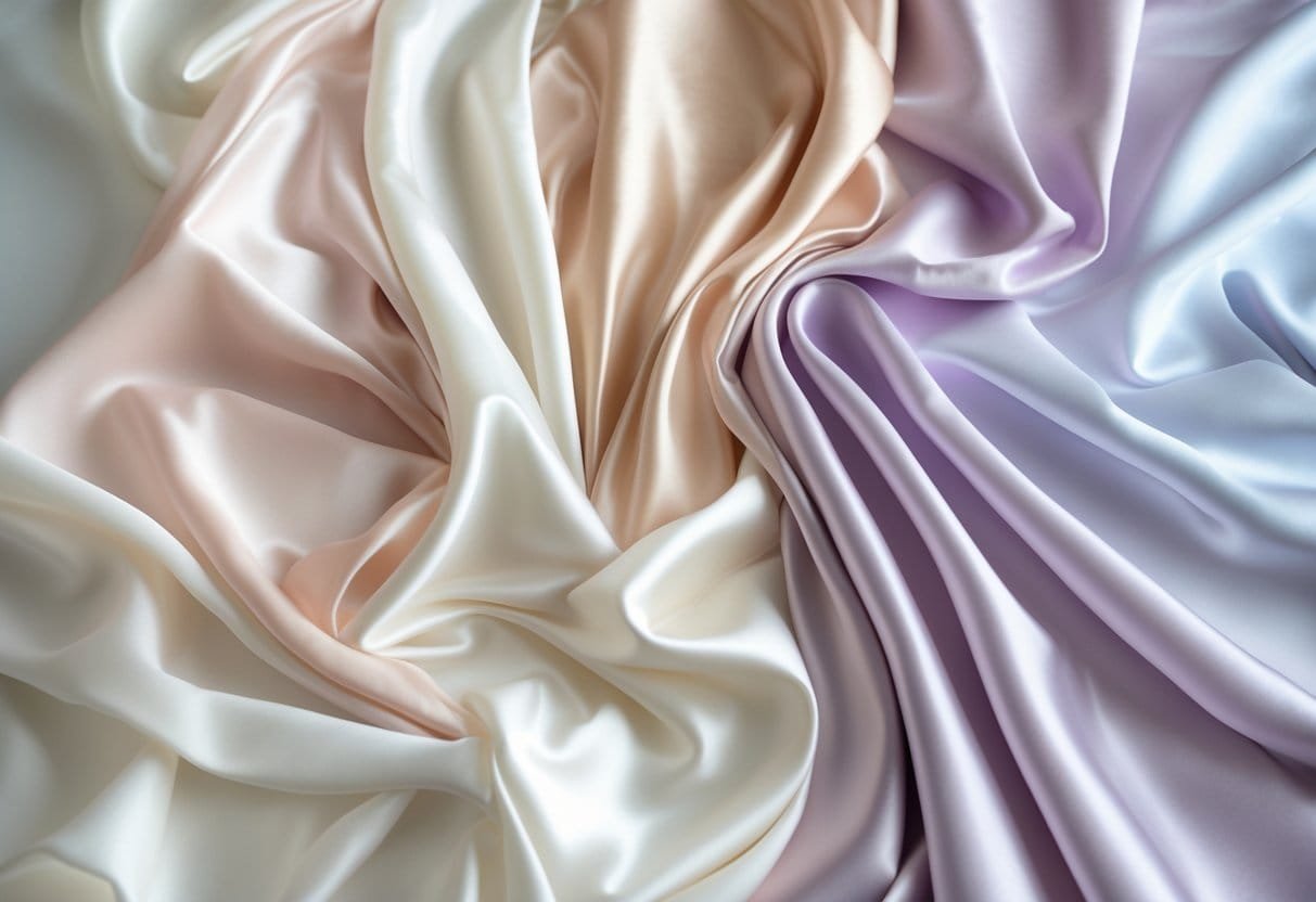 A collection of various light and delicate fabrics in soft pastel colors arranged to show their smooth and shiny textures.