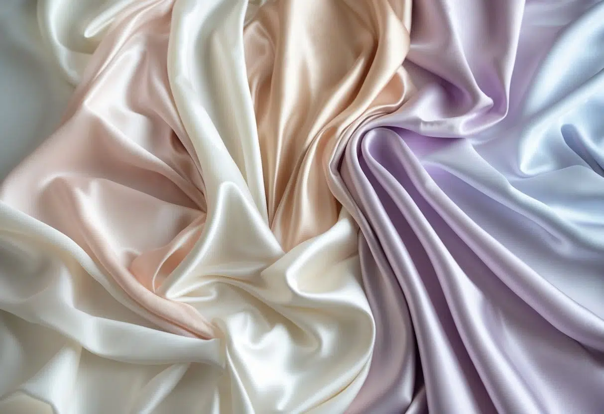 A collection of various light and delicate fabrics in soft pastel colors arranged to show their smooth and shiny textures.