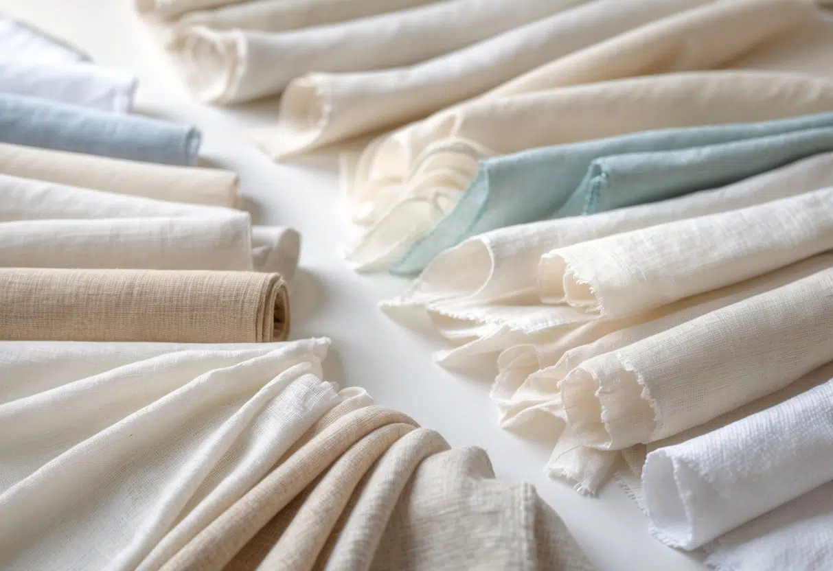 A collection of 29 light, delicate fabric samples arranged neatly on a plain background.