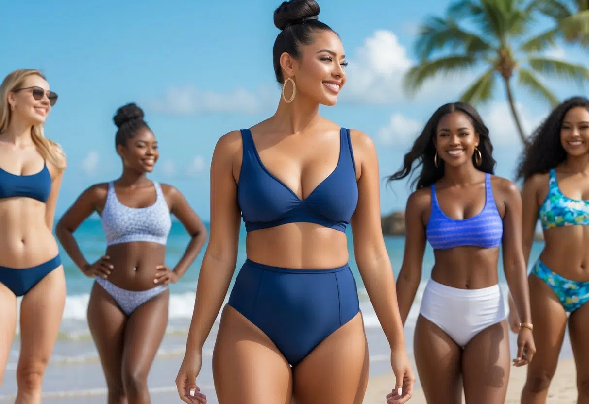 A group of women wearing different swimsuits including high-waisted bikini bottoms, tankini, and classic bikini at the beach near the water.