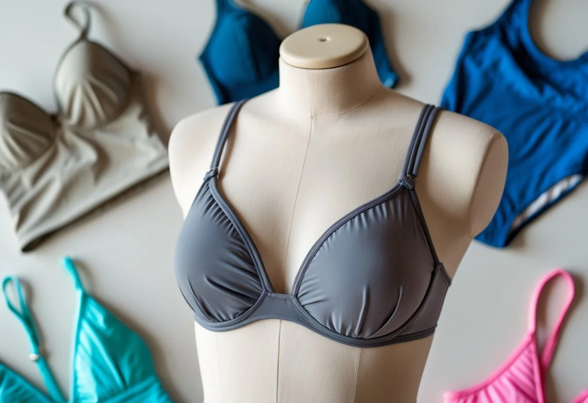 Close-up view of an underwire bikini top with different types of swimsuits arranged around it on a neutral background.