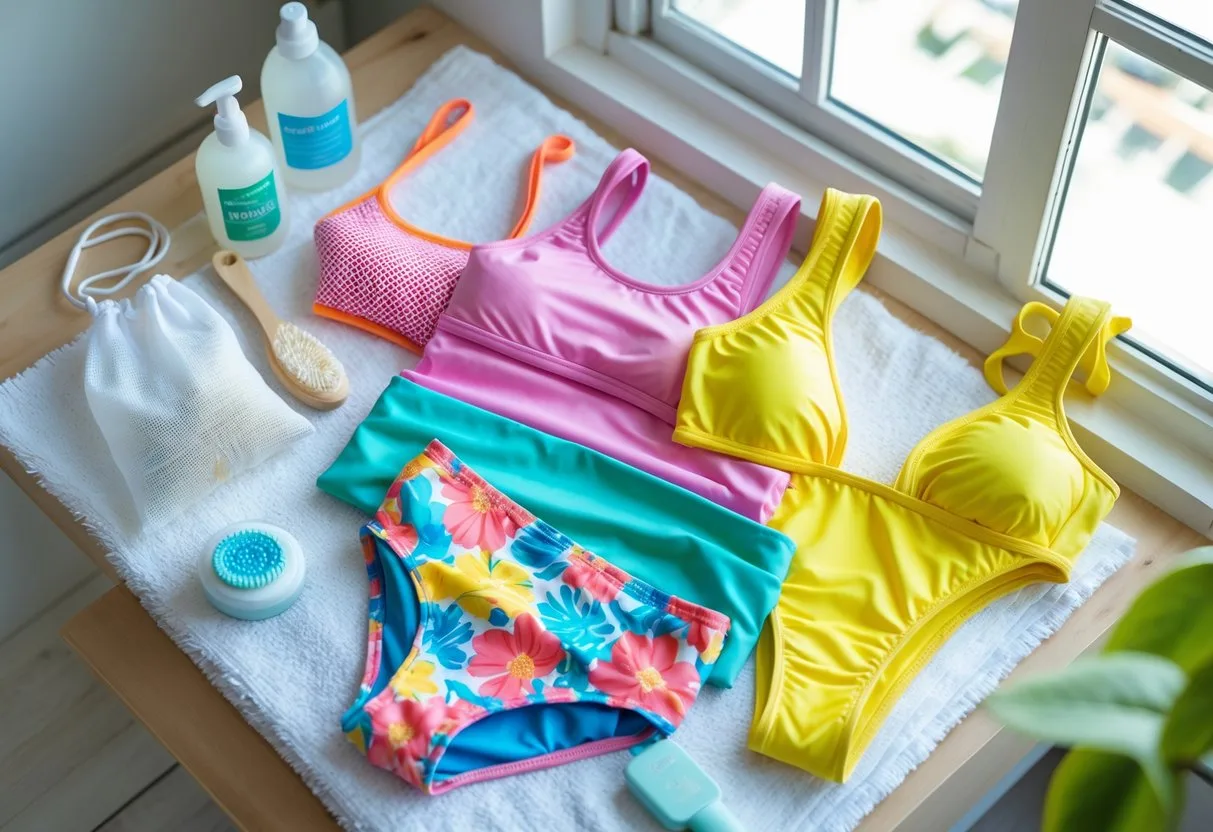 A variety of swimsuits including a tankini and bikini arranged with swimwear care items like detergent and a laundry bag on a wooden surface.