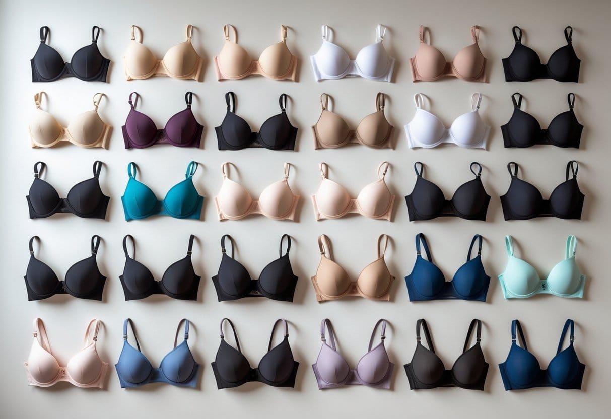 A flat lay of 29 different bras arranged neatly on a neutral background, showcasing various styles and colors.