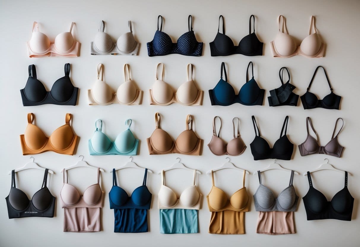 A variety of 29 different bras displayed neatly on a neutral background, showing multiple styles and colors.