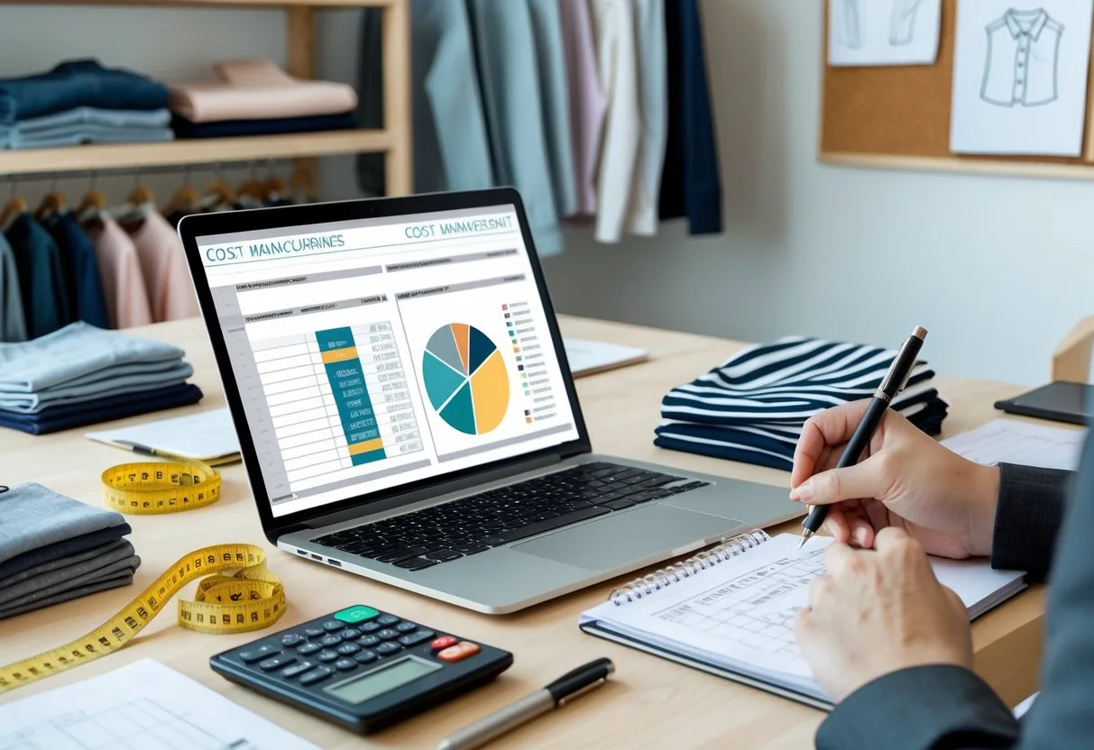 Desk with laptop showing spreadsheets, fabric swatches, measuring tape, calculator, and hands writing notes, with clothing and design sketches in the background.